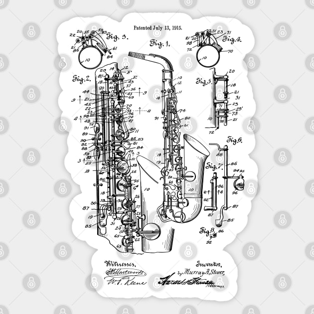 Vintage Jazz Saxophone 1915 Patent Image Sticker by MadebyDesign